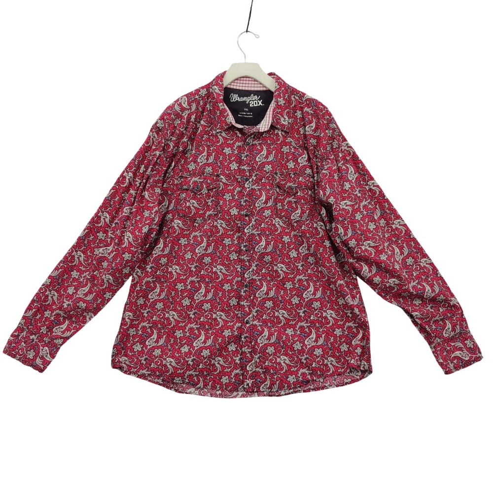 Wrangler Mens Western Cowboy Rodeo Snap Button Shirt XXL Top Red Floral Paisley